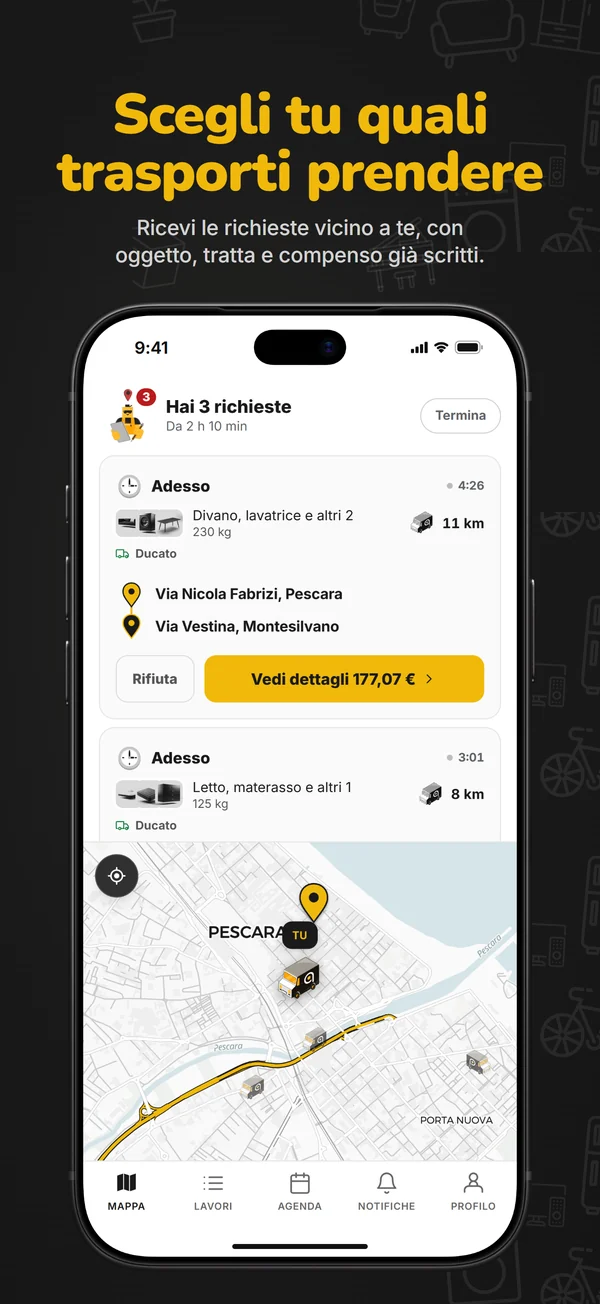 TaxiFyt Partner: le richieste vicino a te, con oggetto, tratta e compenso