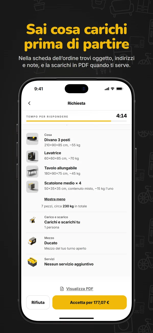 TaxiFyt Partner: la scheda dell'ordine con oggetti, indirizzi e note